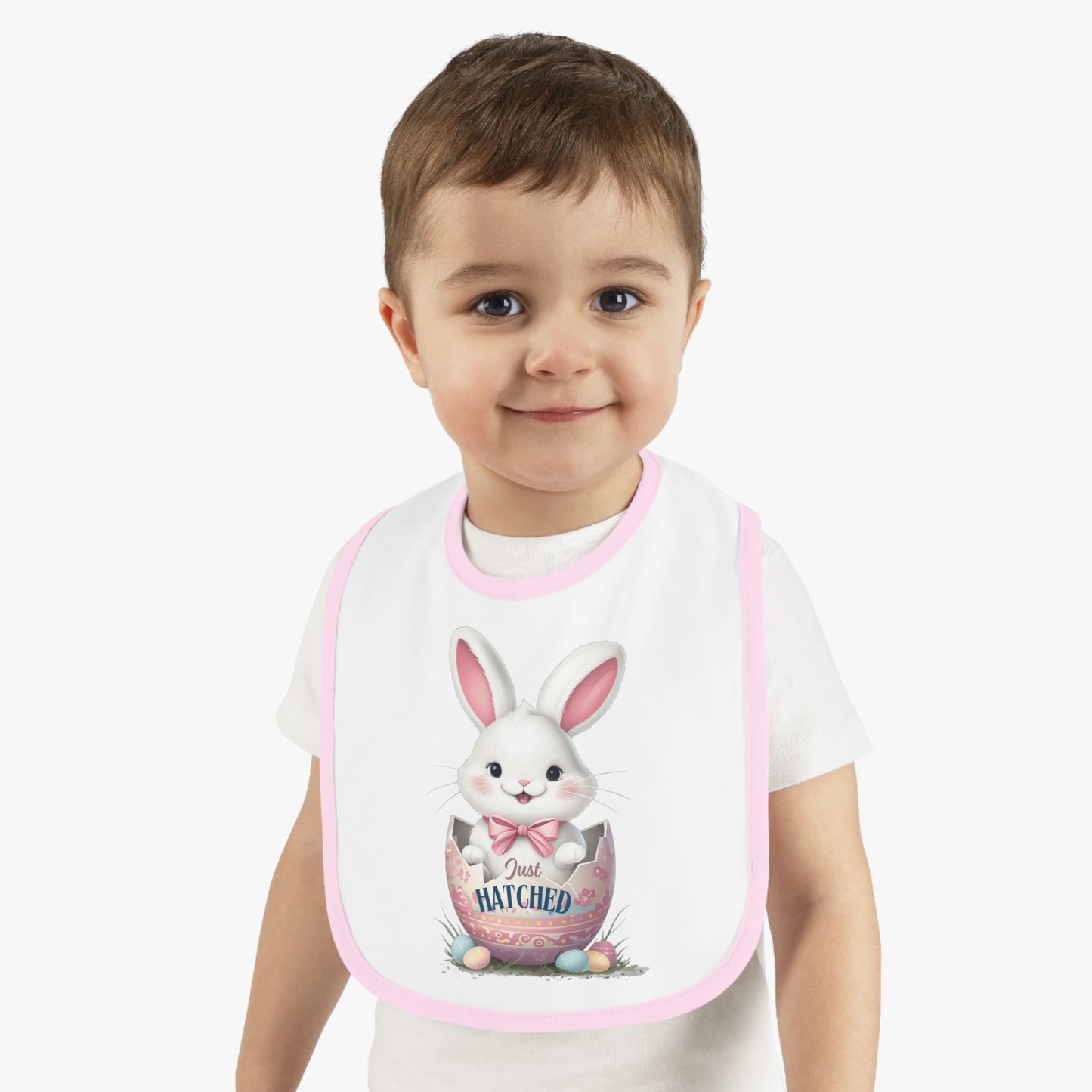 Just Hatched Easter Bunny Bib - Adorable Baby Contrast Trim Jersey Bib for Spring Celebrations